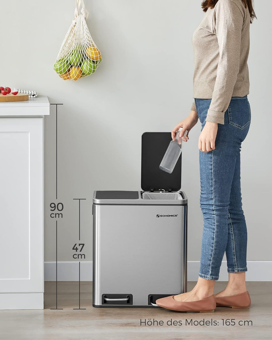 SONGMICS Mülleimer Küche, 2 x 15 L, Mülltrennsystem, Abfalleimer aus Metall, Treteimer mit Inneneime