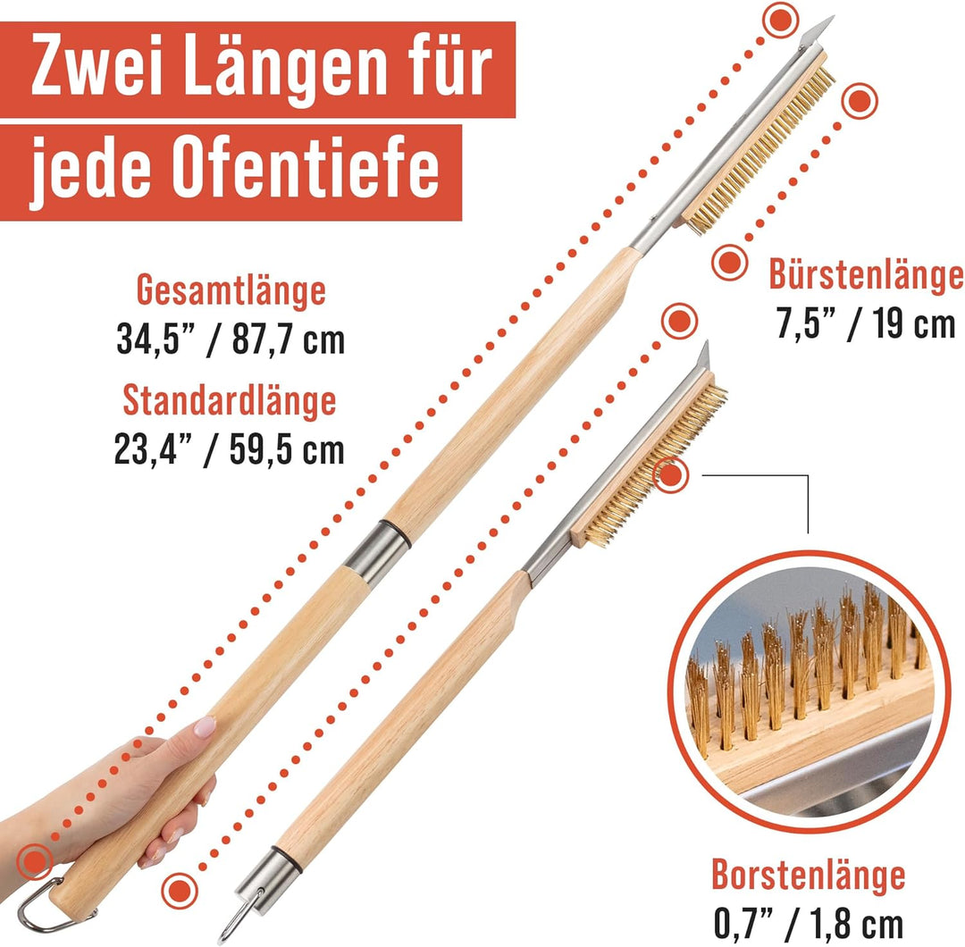 Chef Pomodoro Pizzaofen-Bürste mit Schaber – Verstellbarer Griff (55cm bis 87.7cm), Pizzastein-Bürst