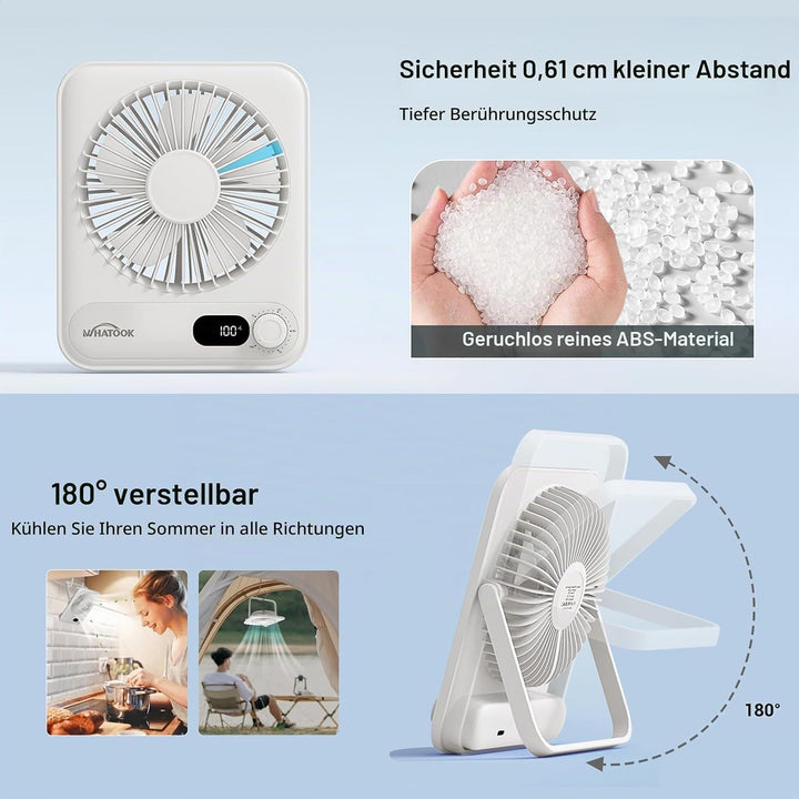 WHATOOK USB-Tischventilator: Stufenlos 1-100 Regler, Leiser 2000mAh Akku Tragbarer Lüfter mit LED-An