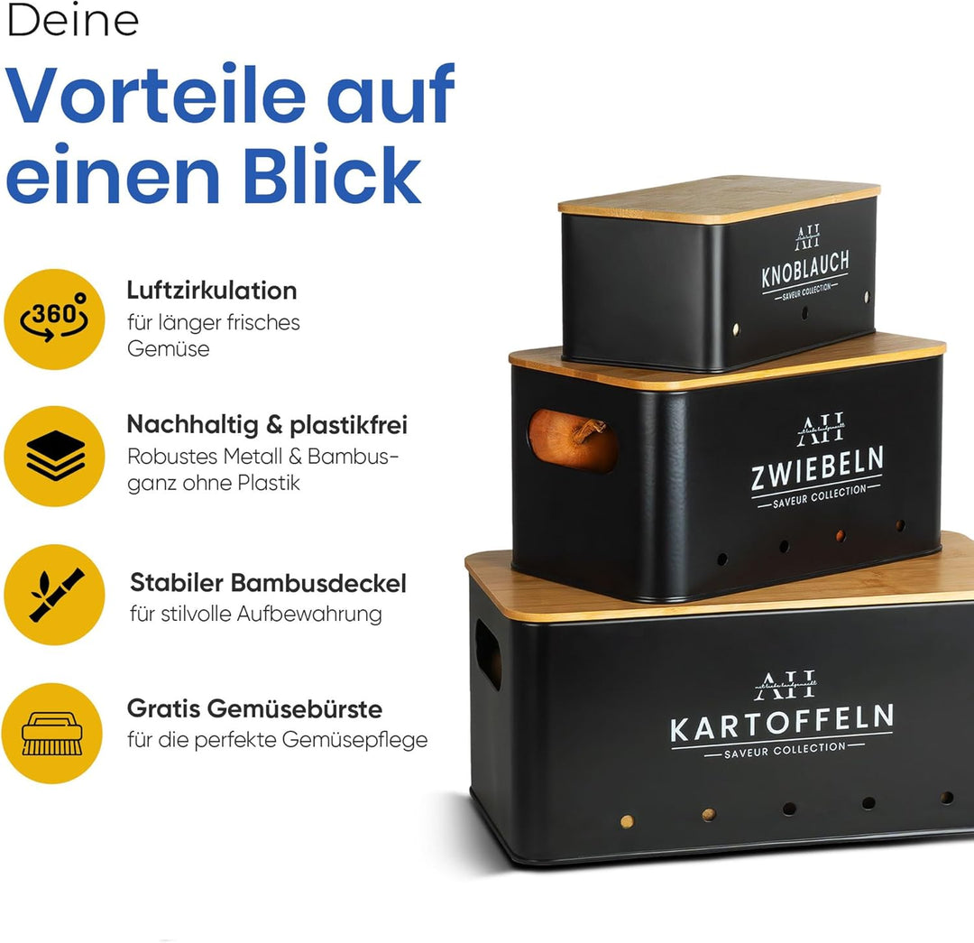 AH® Kartoffel Aufbewahrungsbox inkl. Gemüsebürste [4er Set]- zwiebeltopf, kartoffelbox - Geeignet fü