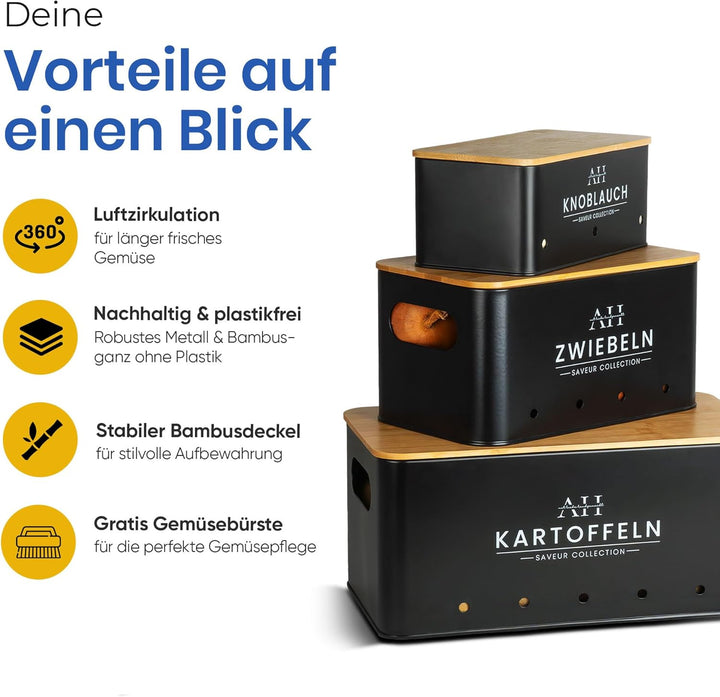 AH® Kartoffel Aufbewahrungsbox inkl. Gemüsebürste [4er Set]- zwiebeltopf, kartoffelbox - Geeignet fü