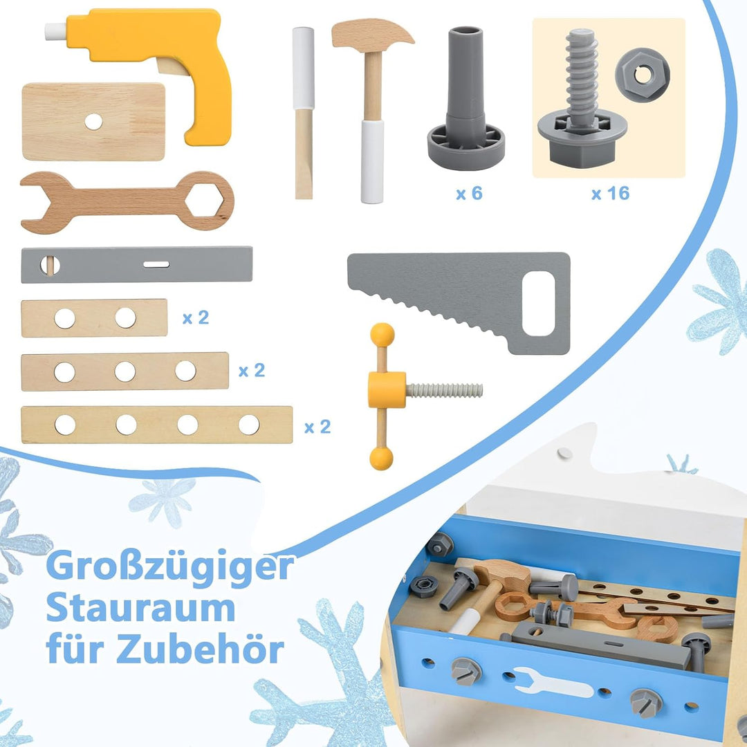 COSTWAY Werkbank Kinder, Kinderwerkbank Holz mit Stecktafel, Kreidetafel und Ablageregal, Werkzeugba