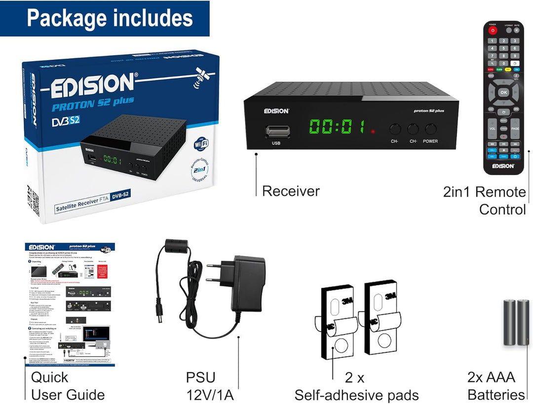 EDISION Proton S2 Plus Full HD Satelliten Receiver FTA, (DVB-S2 | ARD & ZDF SD Abschaltung tauglich)