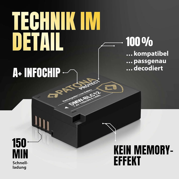 PATONA (2X) Protect V1 DMW-BLC12 E Akku (1100mAh) mit NTC-Sensor und V1 Gehäuse 2x DMW-BLC12 Protect