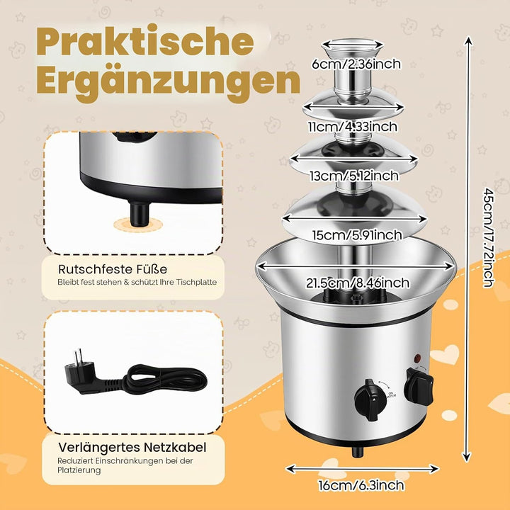 Schokoladenbrunnen Edelstahl, 4-Etagen mit Schmelzfunktion, 170W &amp; 1.8L Kapazität, Elektrischer Scho