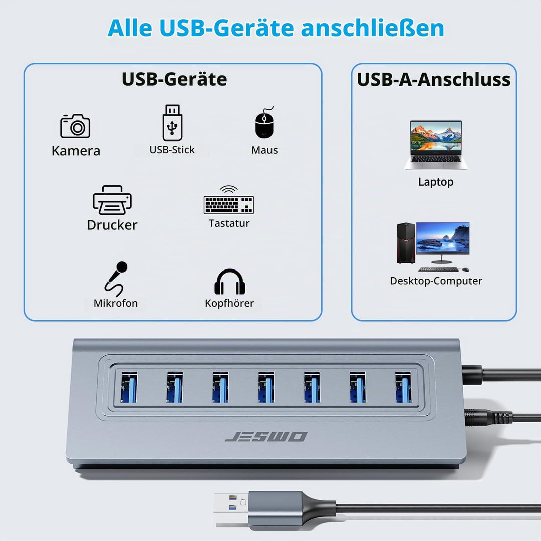 JESWO USB HUB mit Netzteil, Aluminium USB 3.0 Hub Aktiv mit 7-Port USB Verteiler 3.0 mit 5V/4A Netzt