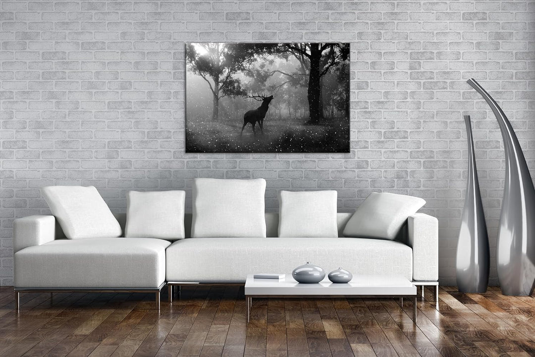 deyoli einsamer Hirsch im Wald Effekt: Schwarz/Weiss Format: 60x40 als Leinwandbild, Motiv fertig ge