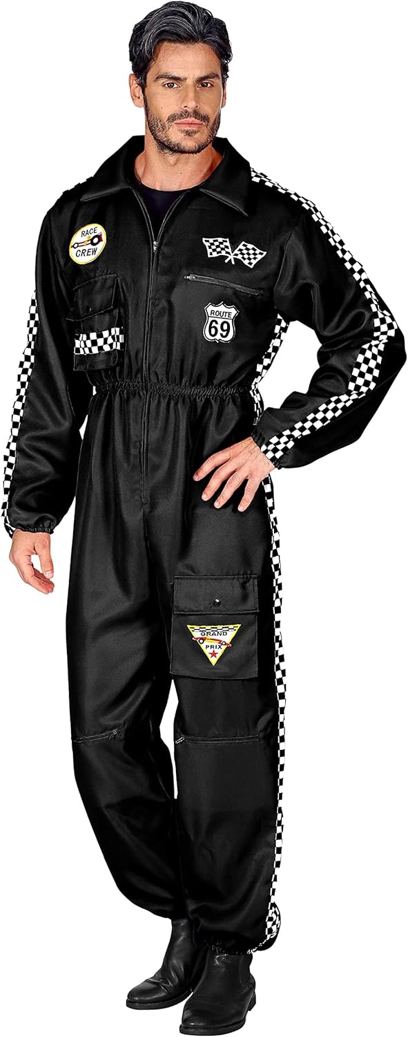 Widmann Rennfahrer Kostüm |Overall Jumpsuit schwarz | Verkleidung Beruf Anzug mit Taschen (schwarz,