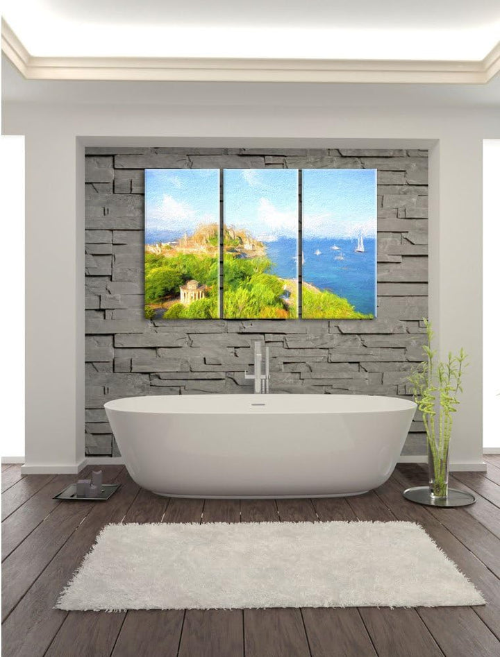 Pixxprint Griechische Insel Bunstift Effekt 3-Teiler Leinwandbild 120x80 Bild auf Leinwand