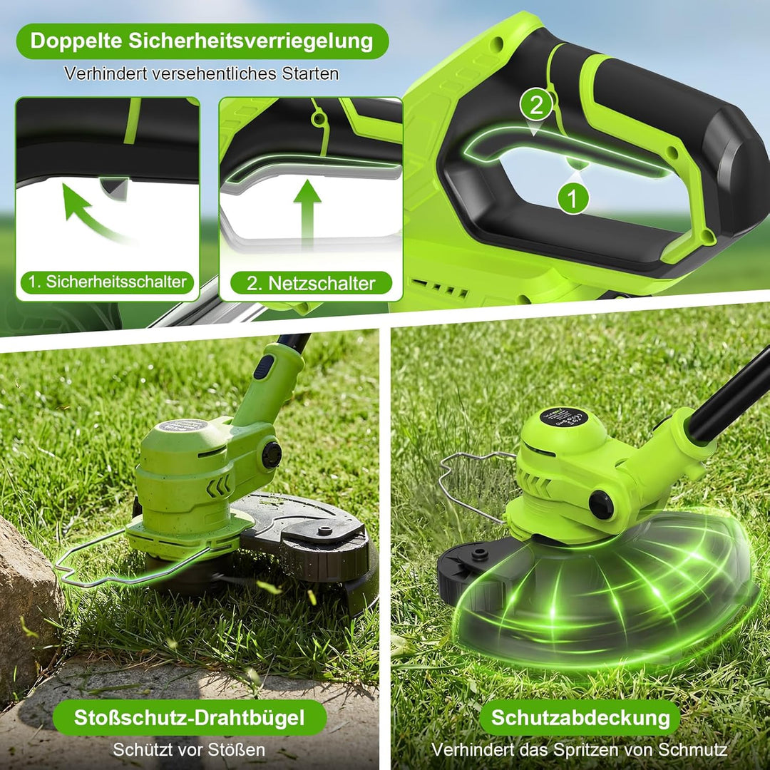 Akku Rasentrimmer 21V, 2-in-1 Rasentrimmer & Kantenschneider, LCD Akkuanzeige, 2×2000mAh Akku, Autom