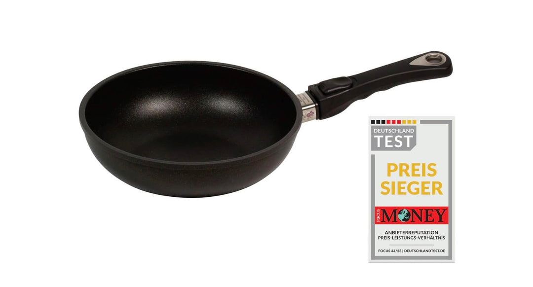 AMT Gastroguss Sauteuse/kleiner Wok, 24 cm Ø, 6 cm hoch, abnehmbarer Stiel, induktionsgeeignet, Lota