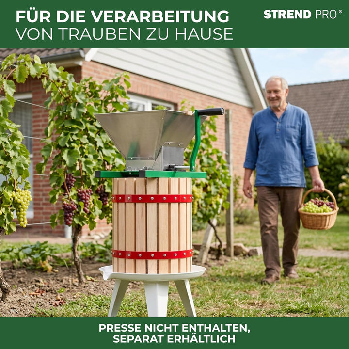 STREND PRO Traubenmühle 7 L Edelstahl ohne Ständer | Maischemühle Beerenmühle mit Handkurbel | Traub