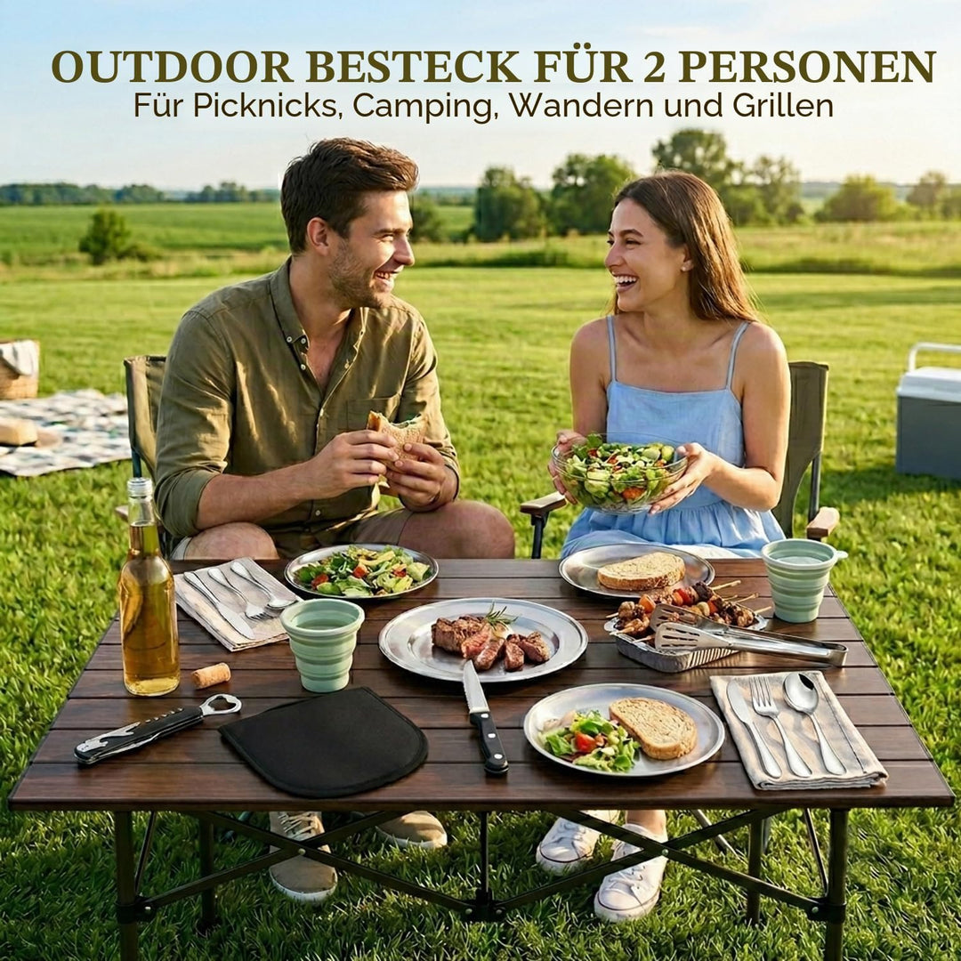 Camping Geschirr Set für 2 Personen 14-teilig Edelstahl Camping Bestecksatz | mit Tellern, Messern,