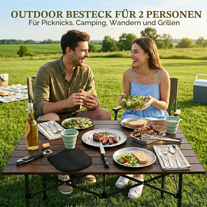 Camping Geschirr Set für 2 Personen 14-teilig Edelstahl Camping Bestecksatz | mit Tellern, Messern,