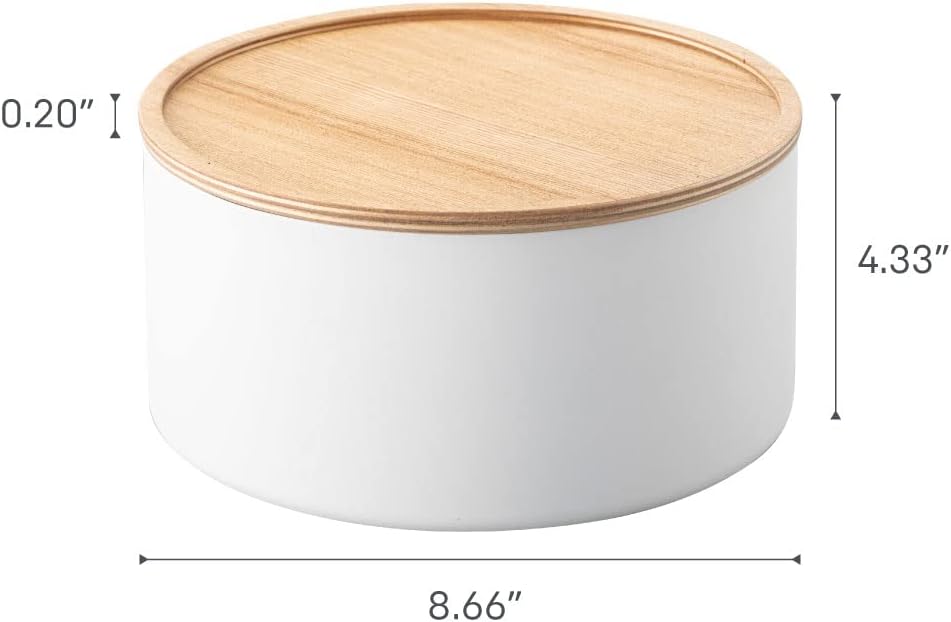 YAMAZAKI 5803 RIN Aufbewahrungsbehälter mit Deckel, rund, tief, weiss, Stahl/Holz, Minimalistisches