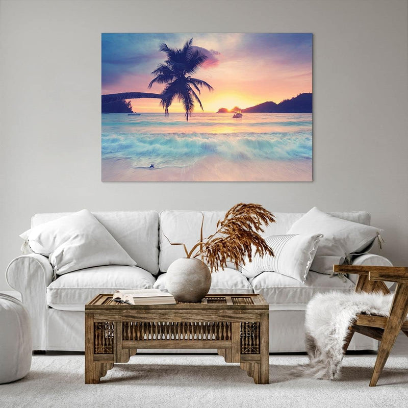 Bilder auf Leinwand 100x70cm Leinwandbild mit Rahmen Meer Strand Palme Gross Wanddeko Bild Schlafzim