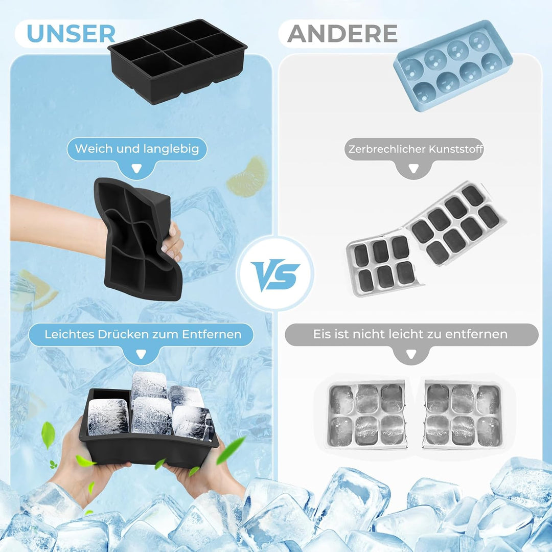 Eiswürfelform Silikon gross XXL Eiswürfel Form mit Deckel Eiswürfelbehälter 6-Fach 2er Pack Eiswürfe