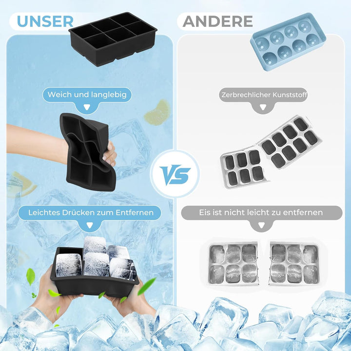Eiswürfelform Silikon gross XXL Eiswürfel Form mit Deckel Eiswürfelbehälter 6-Fach 2er Pack Eiswürfe