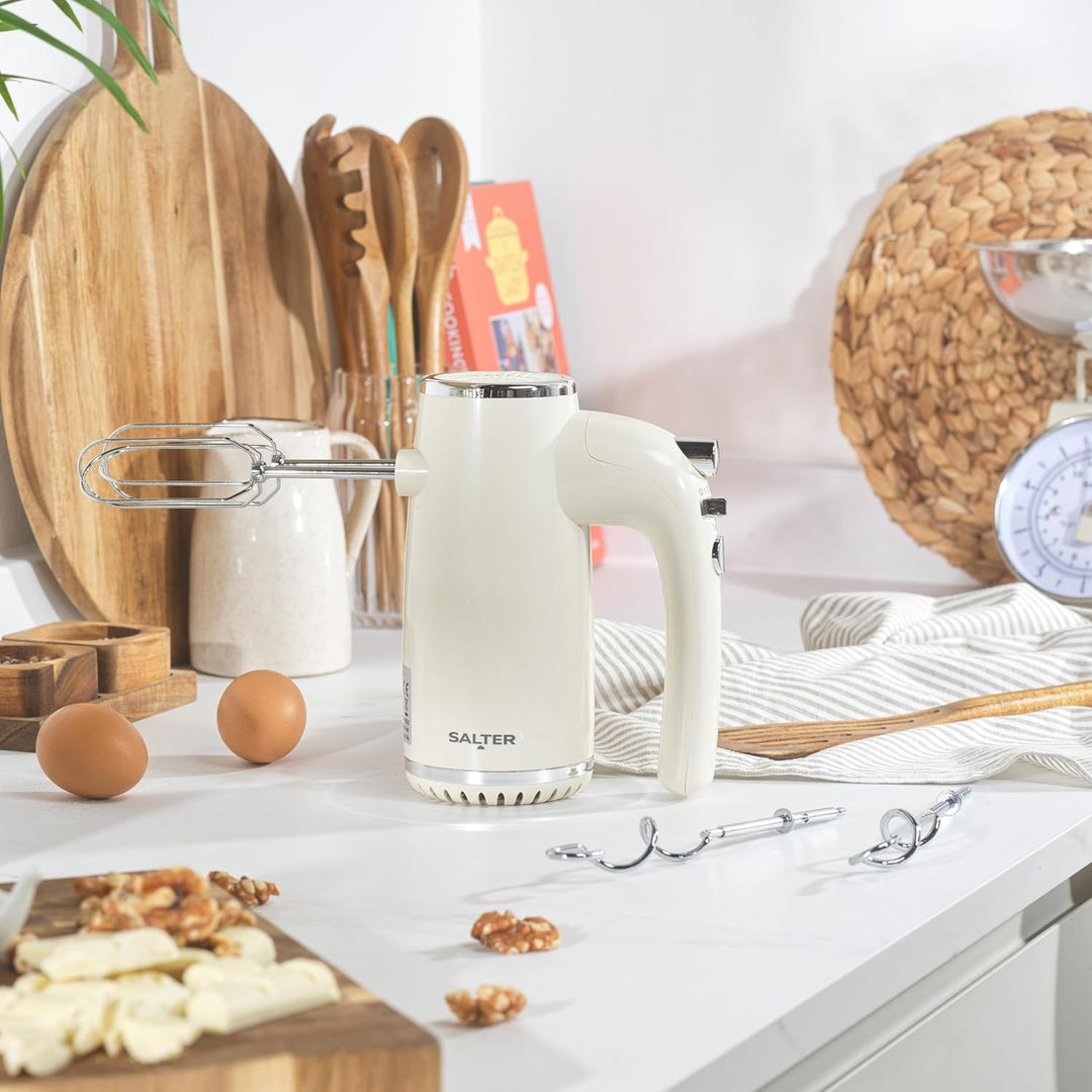 Salter Cream Retro Handmixer – Elektrischer Schneebesen, 5 Geschwindigkeiten + Turbo, XL Chrom-Schne