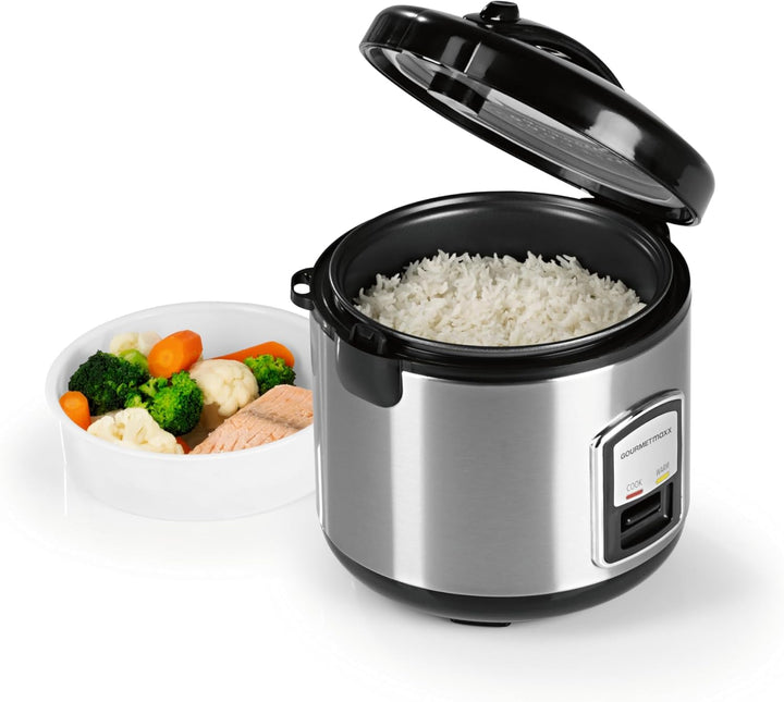 GOURMETmaxx Kompakt-Reiskocher & Dampfgarer, 1L, inkl. Dampfeinsatz, Gartopf, Reislöffel & Messbeche