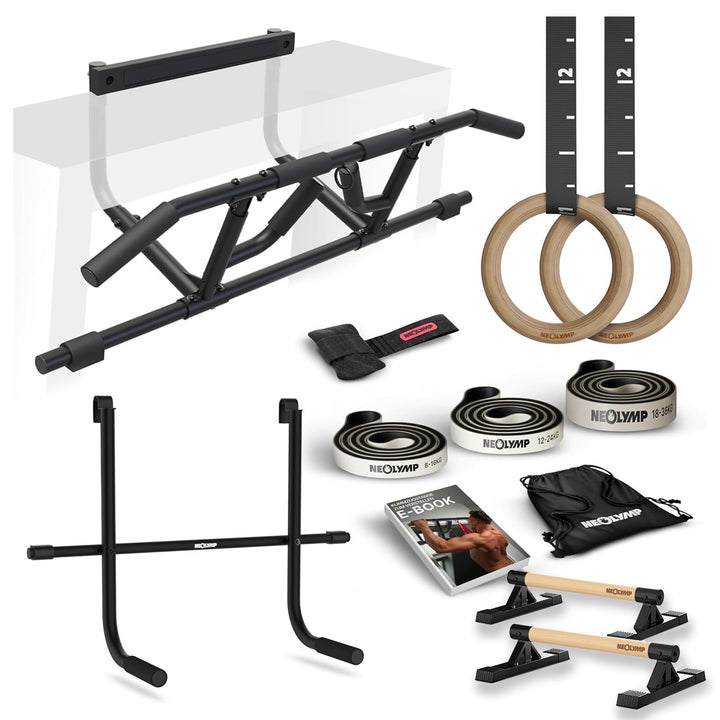 NEOLYMP Calisthenics Set – Komplettset mit Klimmzugstange Türrahmen, Turnringen, Liegestützgriffen,