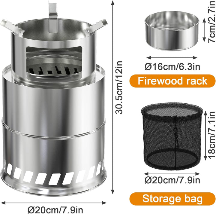 Holzofen Campingkocher aus Edelstahl, Hobo Kocher mit rutschfestem Topfständer für Pfannen, Töpfe &