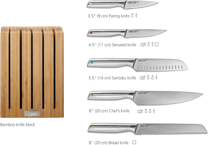 Joseph Joseph Elevate Küchenmesser 5-teilig. Set, Japanische Edelstahl Scharfe Messerset, mit Bambus