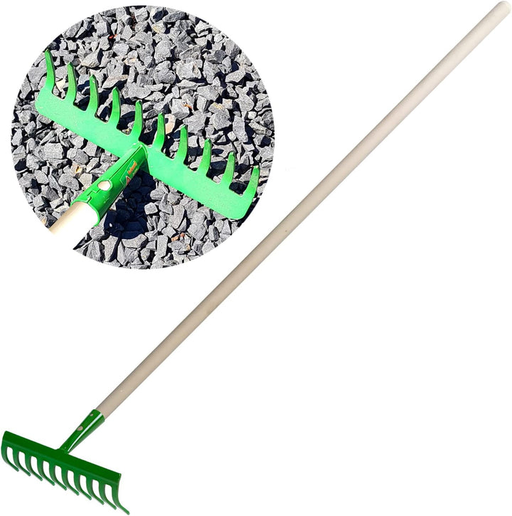 Garten Gerät Harke Rasen Boden Erde Rechen 10 Zinken Stahl grün Gartenrechen 24,8 cm mit Holz Stiel