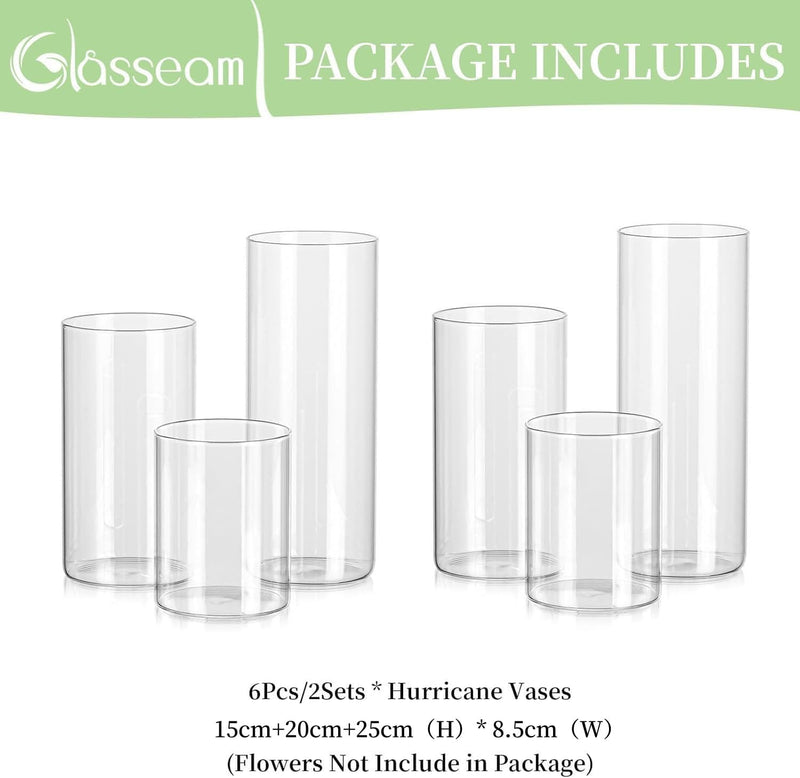 Glasseam Zylinder Vase Glas Klar, Blumenvase Modern Vasen Deko 6 Stück, 15/20/25cm Hoch Tulpenvase Z