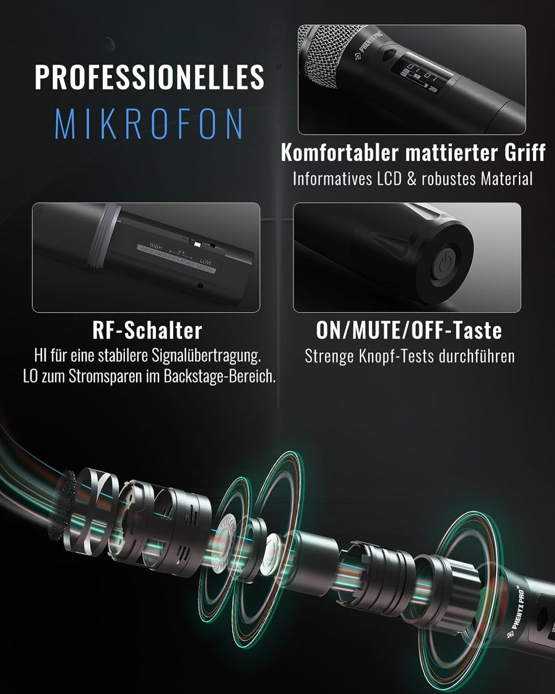 Phenyx Pro Wireless Mikrofon Set, True Diversity Dual Cordless Mikrofone, Profi UHF Handheld, funkmi