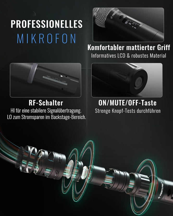 Phenyx Pro Wireless Mikrofon Set, True Diversity Dual Cordless Mikrofone, Profi UHF Handheld, funkmi