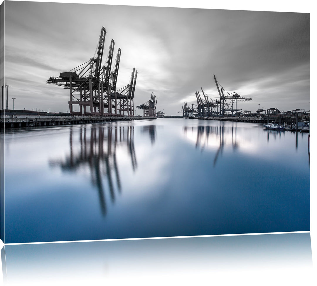 Pixxprint Hafen im Abendschein B&W Detail, Format: 100x70 auf Leinwand, 100x70