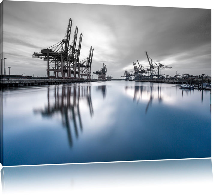 Pixxprint Hafen im Abendschein B&W Detail, Format: 100x70 auf Leinwand, 100x70