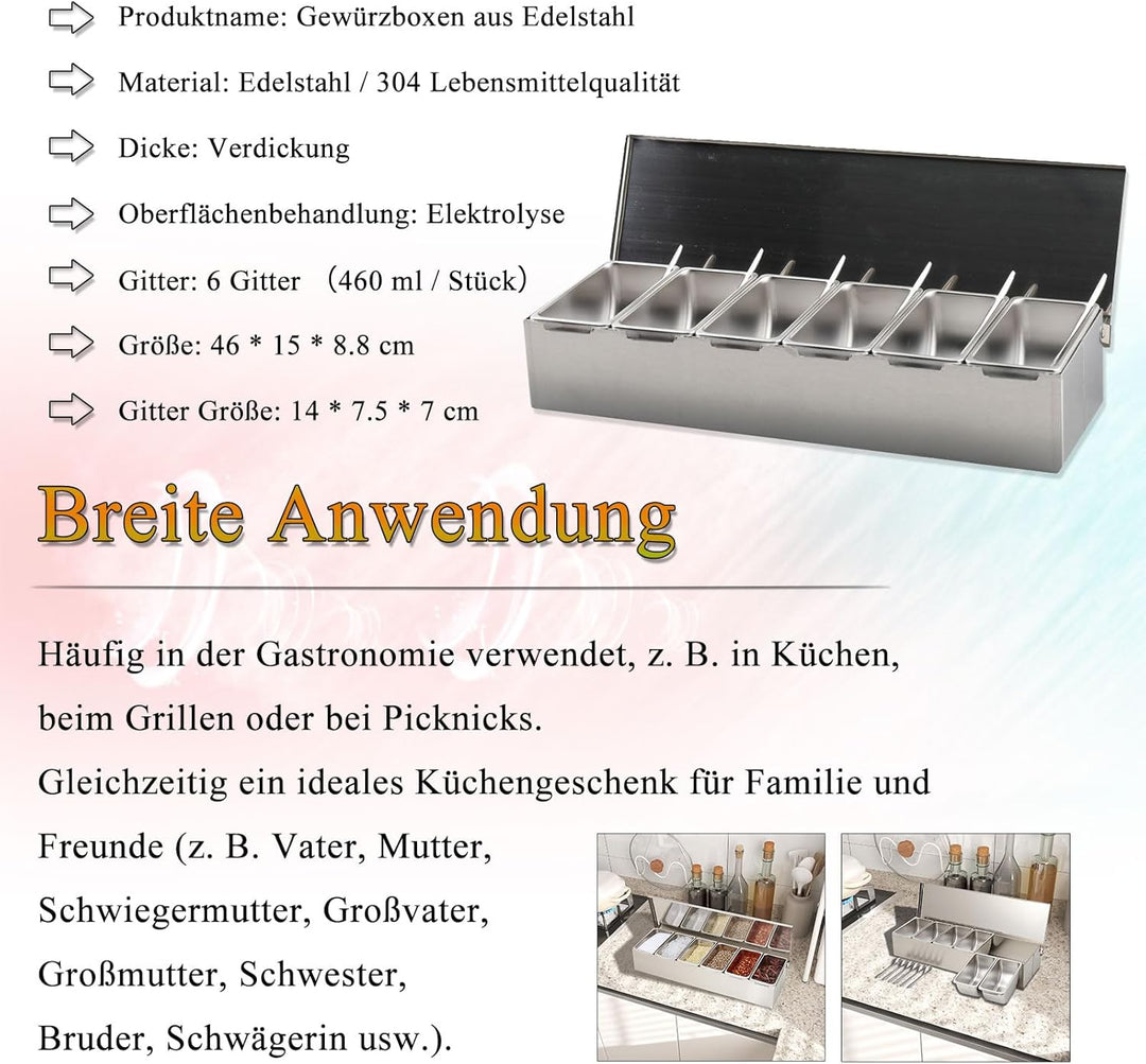 6 Gitter Gewürzbox Küche Gewürzdosen Beilagenbehälter Verdickung Edelstahl Zutatenbehälter Gewürz Be