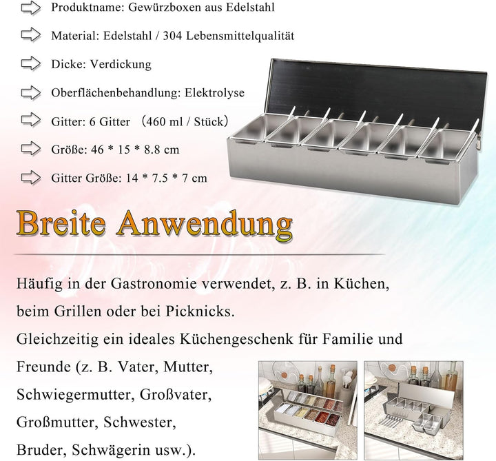 6 Gitter Gewürzbox Küche Gewürzdosen Beilagenbehälter Verdickung Edelstahl Zutatenbehälter Gewürz Be