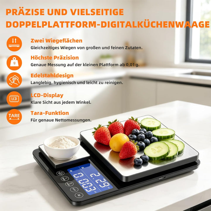 Digitale Küchenwaage mit 2 Plattformen | 15kg/1g & 500g/0.01g Präzisionswaage | 7 Mess-Einheiten, Au