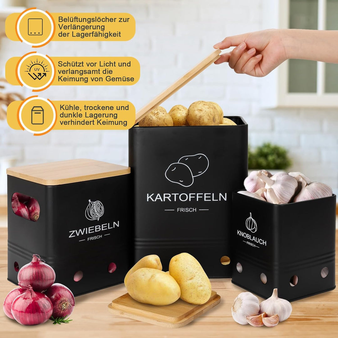 Kartoffel Aufbewahrungsbox, Aufbewahrung Kartoffeln Zwiebeln Knoblauch - 3er Set mit Bambusdeckel -