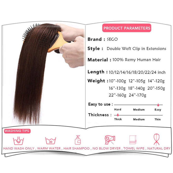SEGO Clip in Extensions Echthaar Doppelt Tressen Haarverlängerung 8 Teilig 100% Remy Hair für Komple