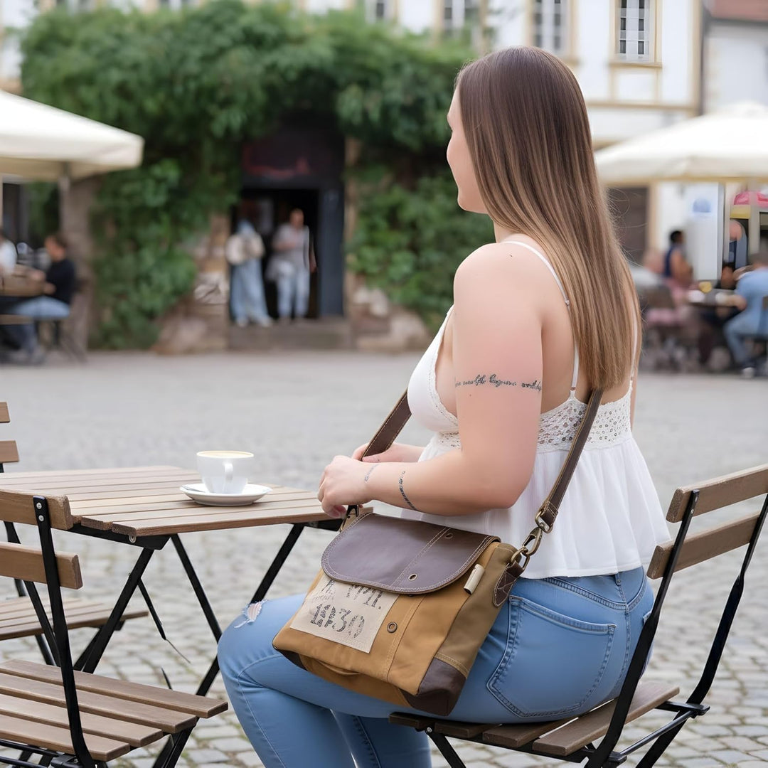 Sunsa Vintage Umhängetasche. Kleine Tasche aus Canvas & Leder. Nachhaltige Messenger Bag. Geschenk I