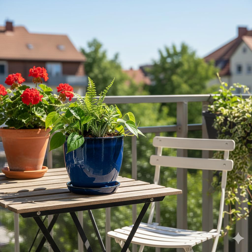 Teramico Pflanzgefäss Übertopf Blumentopf aus Steinzeug Blau mit passendem Teller/Untersetzer 23cm -