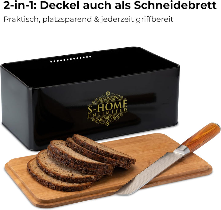 Brotkasten Metall Schwarz mit Bambusdeckel | 2-in-1 Brotbox & Schneidebrett | Belüftete Brotaufbewah
