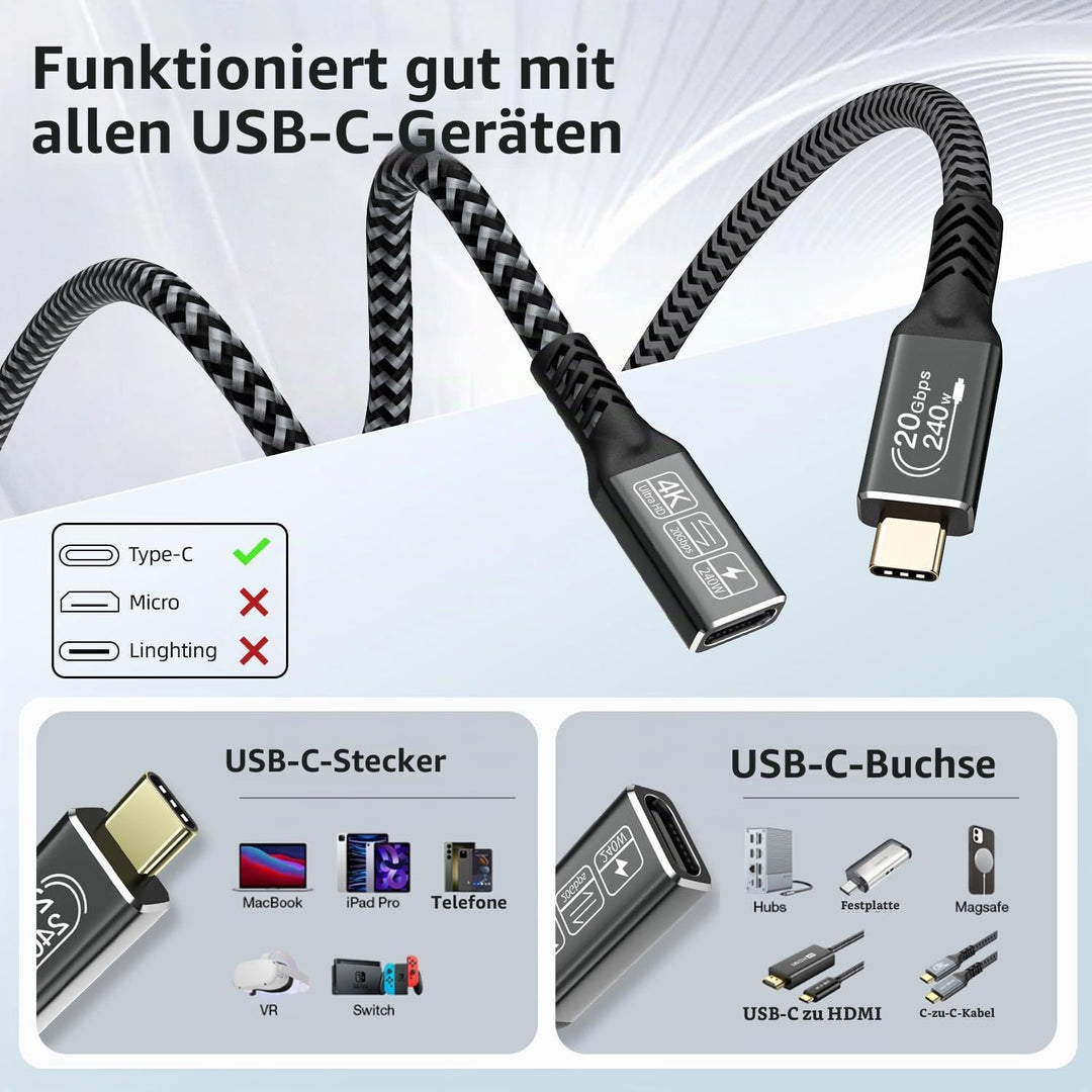 CAKOBLE USB C Verlängerung Kabel 3M,usb-c verlängerung buchse auf steckerUnterstützt usb c 3.2 verlä