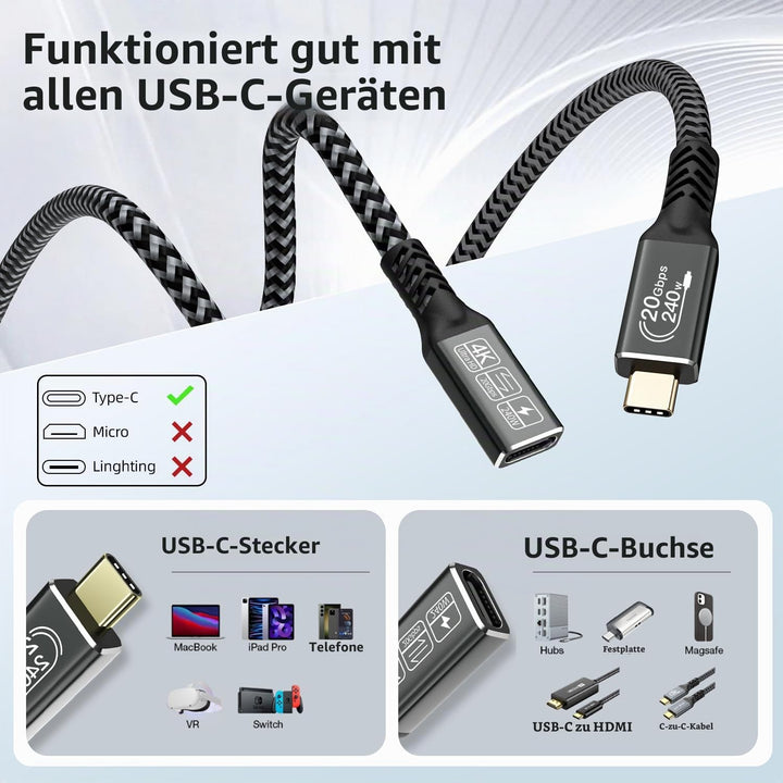 CAKOBLE USB C Verlängerung Kabel 3M,usb-c verlängerung buchse auf steckerUnterstützt usb c 3.2 verlä