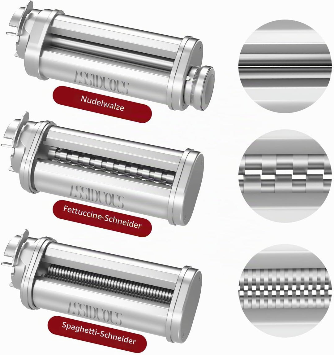 Assiduous Nudelaufsatz für Bosch Standmixer, 3 Stück Pasta Roller für Bosch Nudelaufsatz Set, inklus