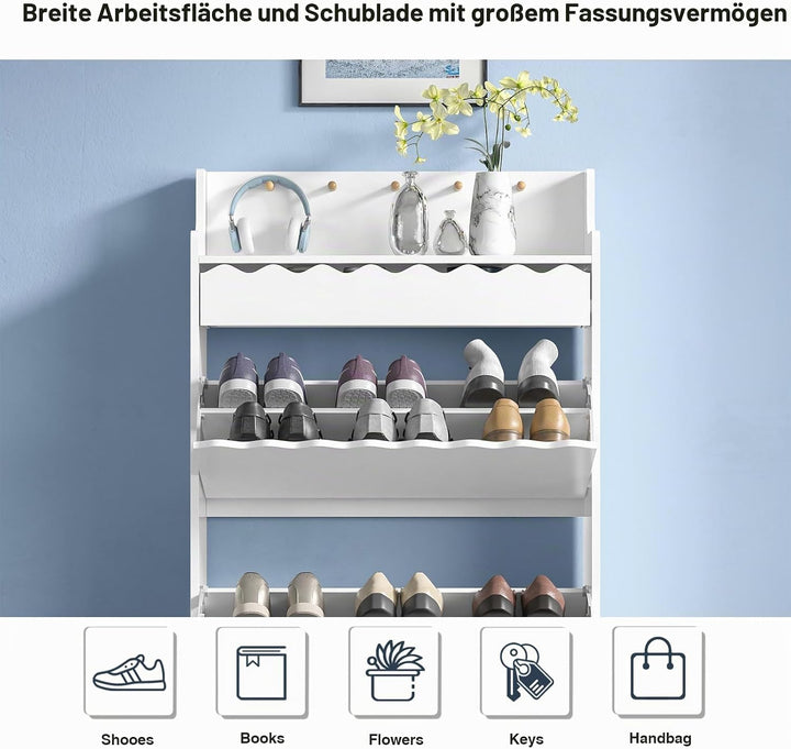 Schuhschrank mit 2 Klappfächern, Schuhkipper Schmal mit Schubladen, schmaler versteckter Schuhregals