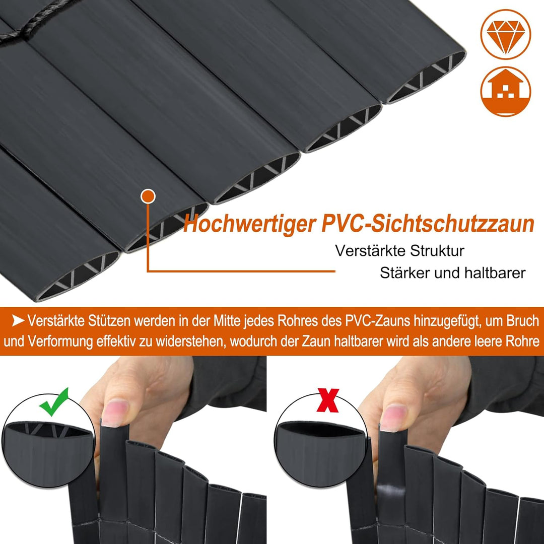 PVC Sichtschutzmatte Sichtschutzzaun 90x300CM,Anthrazit,Outdoor Sichtschutz mit verstärkten Lamellen
