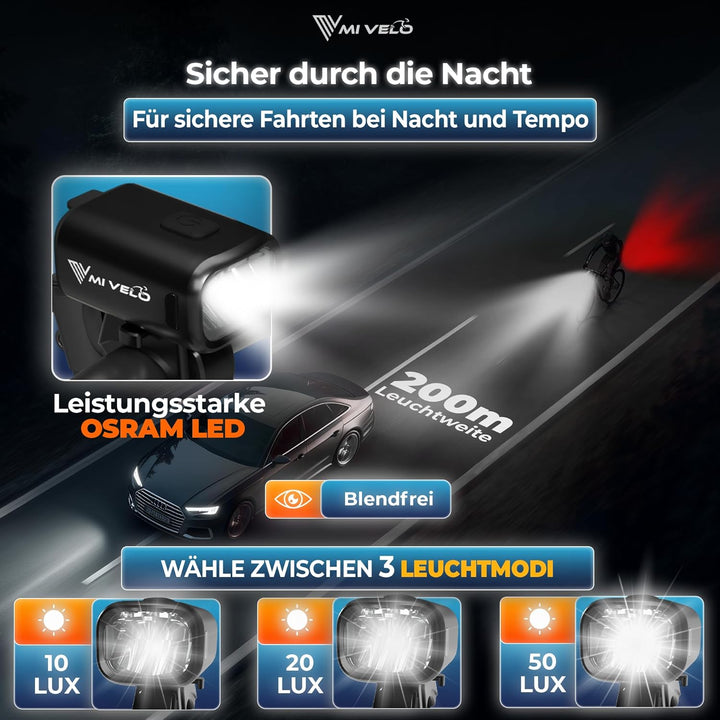 MIVELO Fahrradlicht Set mit Power-Akku, StVZO zugelassene Fahrradbeleuchtung USB aufladbar &amp; wasserd