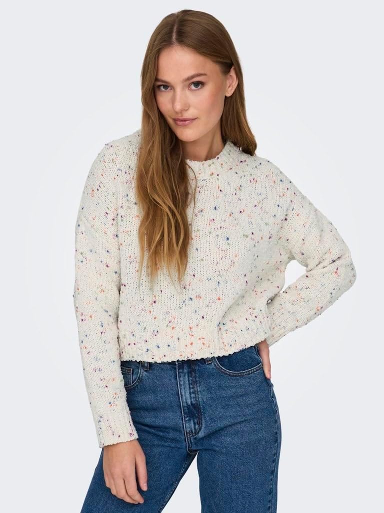 PIECES Damen Onlgracie Ls O-neck Bf Knt L Cloud Dancer/Detail:multi Melange Dots, L Cloud Dancer/Det