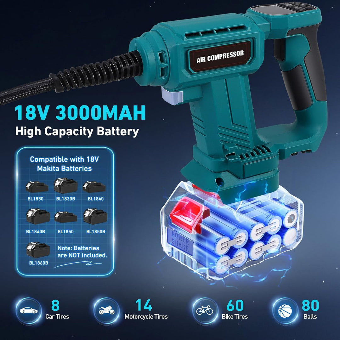 Tragbarer Luftkompressor für Batterien 18 V, max. 11 bar, automatischer Aufblaser mit digitalem Mano