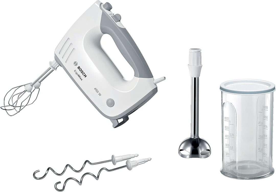Bosch Handrührer ErgoMixx MFQ36470, 2 Rührbesen, 2 Edelstahl-Knethaken, Edelstahl-Mixfuss, Mixbecher